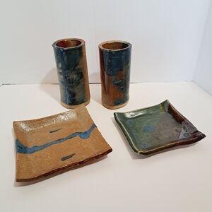 Handmade Rustic Primitive Low‎ Fire Cup Plate Sets 4 Pieces